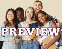 Graphic of preview day with students in foreground